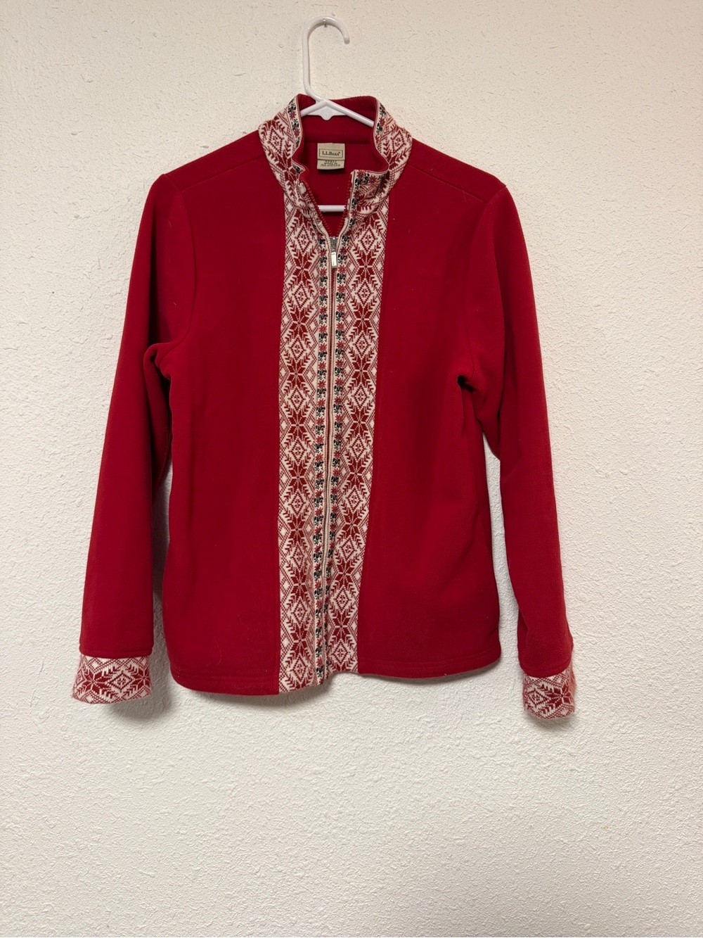 L.L. Bean Red Zip-Front Nordic Trim Fleece Jacket Womens Medium Holiday